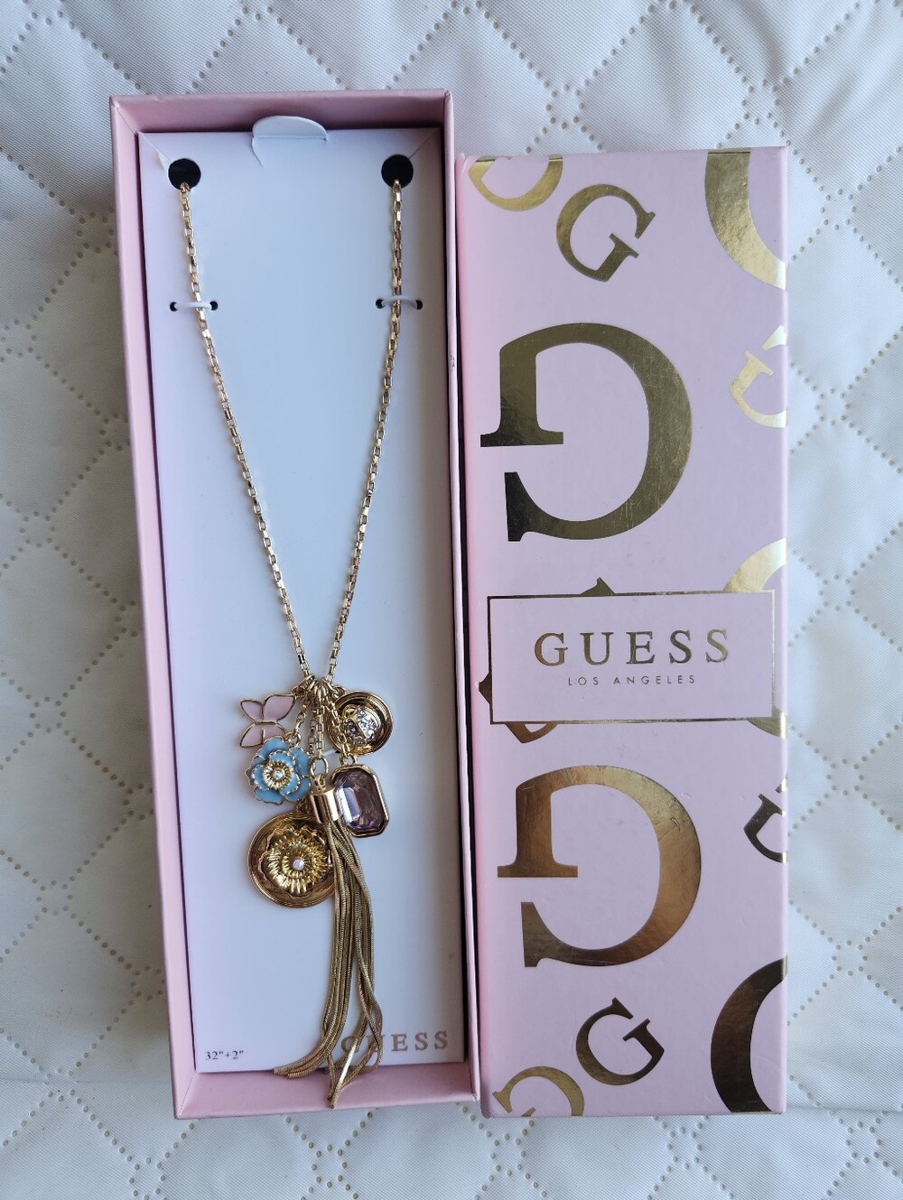 GUESS 32in Gold Necklace with Pink and Blue  Charms